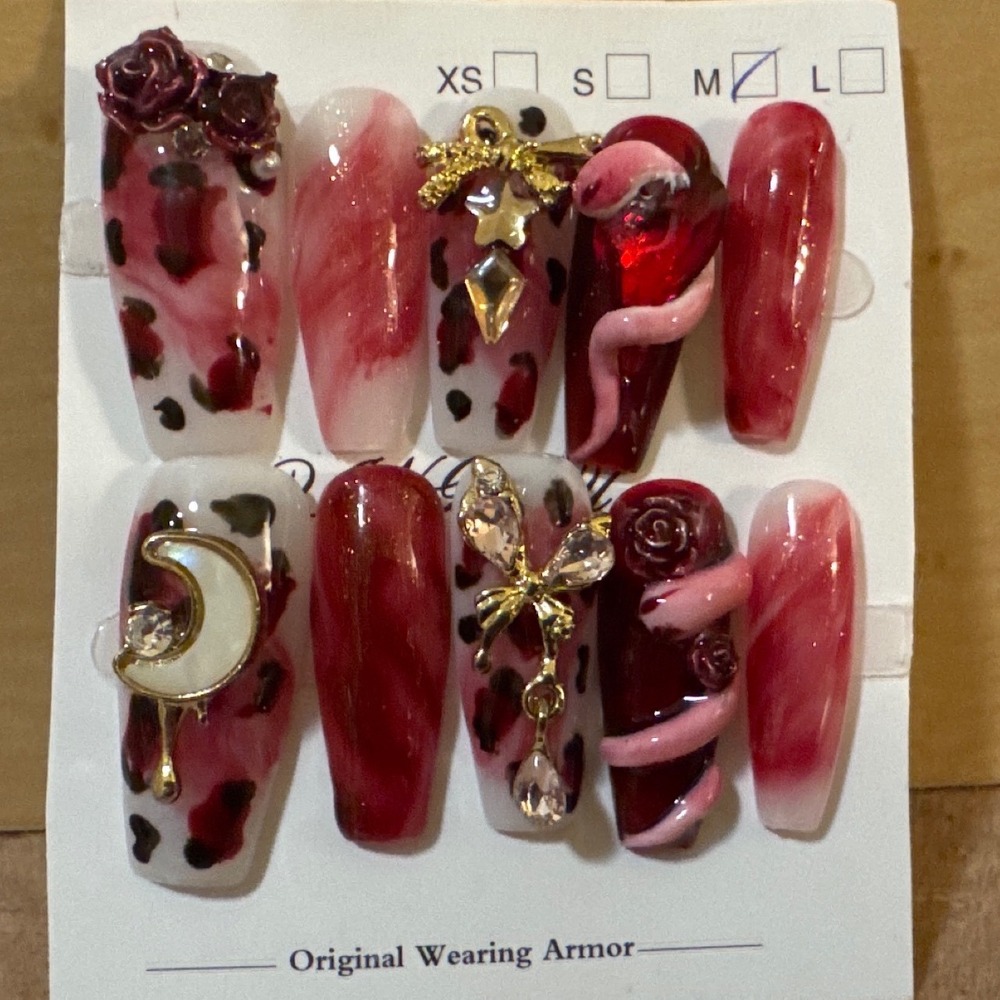Red Marble Leopard Press On Nails 3D‎ Snake Rose Moon Butterfly Charms Medium